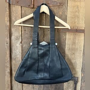 Sondra Roberts Black Pebbled Leather Triangle Geometric Unique Clasp Bag Purse